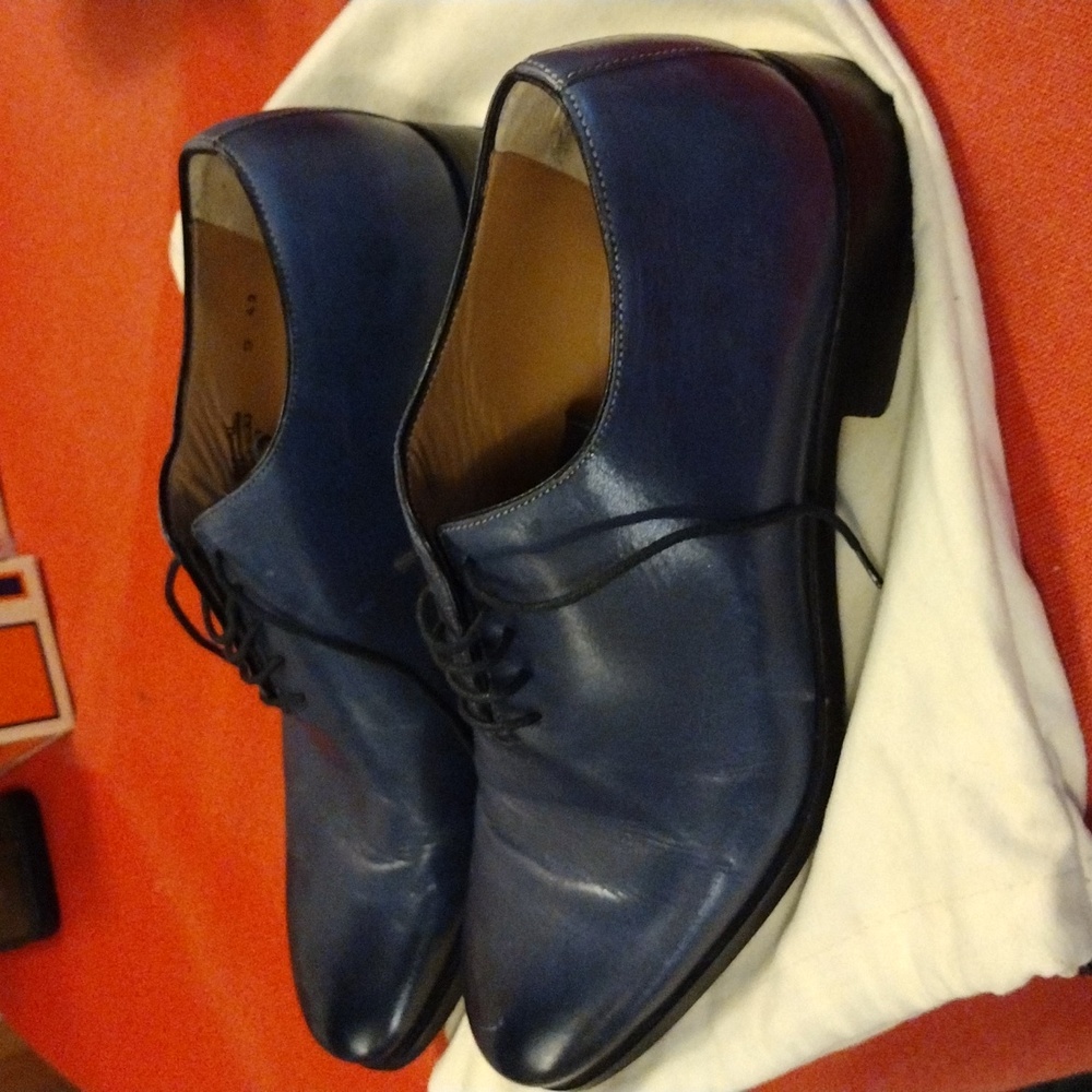 Ace Marks Men's Plain Toe Navy Blue Italian Leather Shoes Size 9